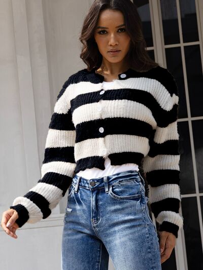 Striped Button Up Dropped Shoulder Cardigan