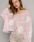 POL Long Sleeve Distressed Flower Patches Knit Top