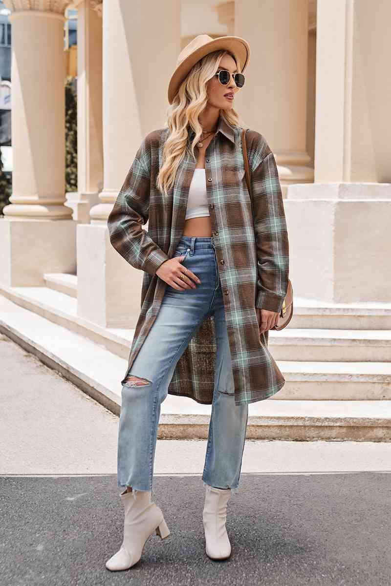Dark Gray Plaid Collared Neck Long Sleeve Coat Sentient Beauty Fashions Apparel & Accessories