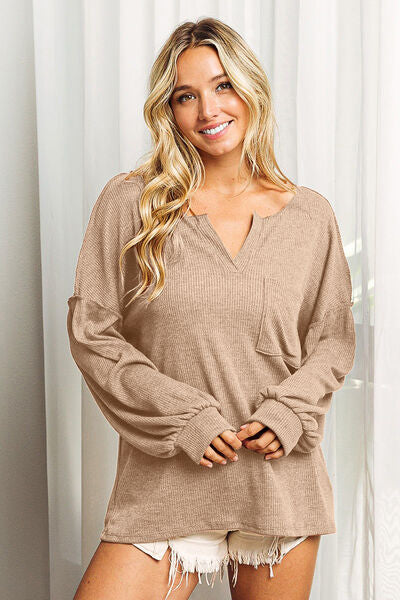 Tan BiBi Exposed Seam Long Sleeve Top Sentient Beauty Fashions Apparel & Accessories
