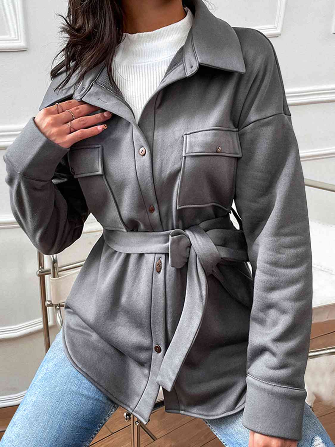 Gray Button Down Dropped Shoulder Coat Sentient Beauty Fashions Apparel & Accessories