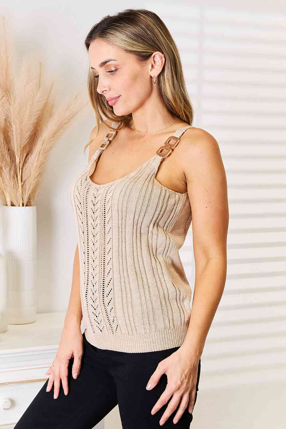 Light Gray Basic Bae Openwork Scoop Neck Knit Tank Top Sentient Beauty Fashions Apparel &amp; Accessories