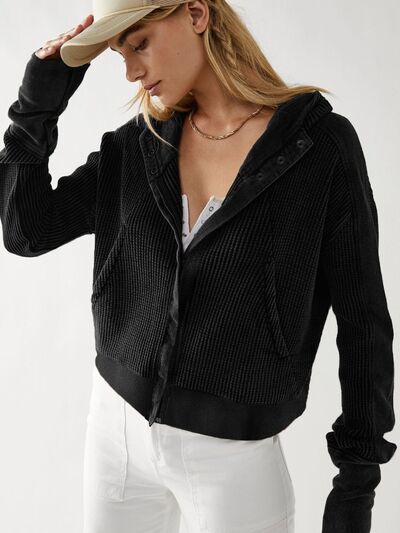 Black Waffle-Knit Dropped Shoulder Hooded Jacket Sentient Beauty Fashions Apparel & Accessories