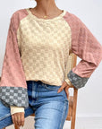 Light Gray Checkered Contrast Round Neck Long Sleeve T-Shirt Sentient Beauty Fashions Apparel & Accessories