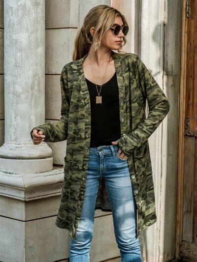Dark Olive Green Camouflage Button Up Long Sleeve Cardigan Sentient Beauty Fashions Apparel &amp; Accessories