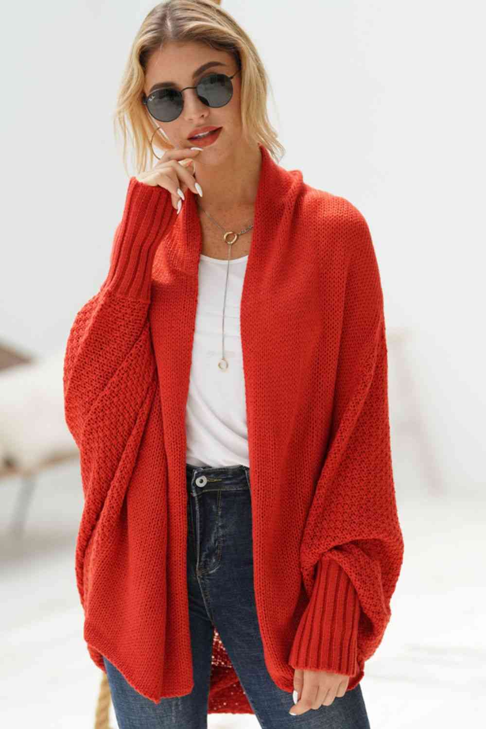Firebrick Double Take Dolman Sleeve Open Front Ribbed Trim Longline Cardigan Sentient Beauty Fashions Apparel & Accessories