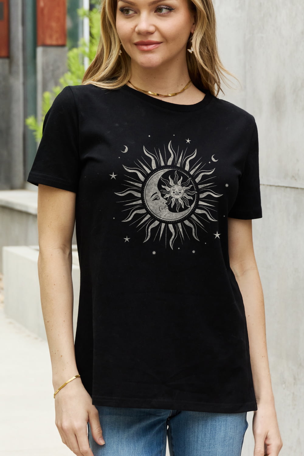 Light Gray Simply Love Full Size Sun, Moon, and Star Graphic Cotton Tee Sentient Beauty Fashions Apparel &amp; Accessories