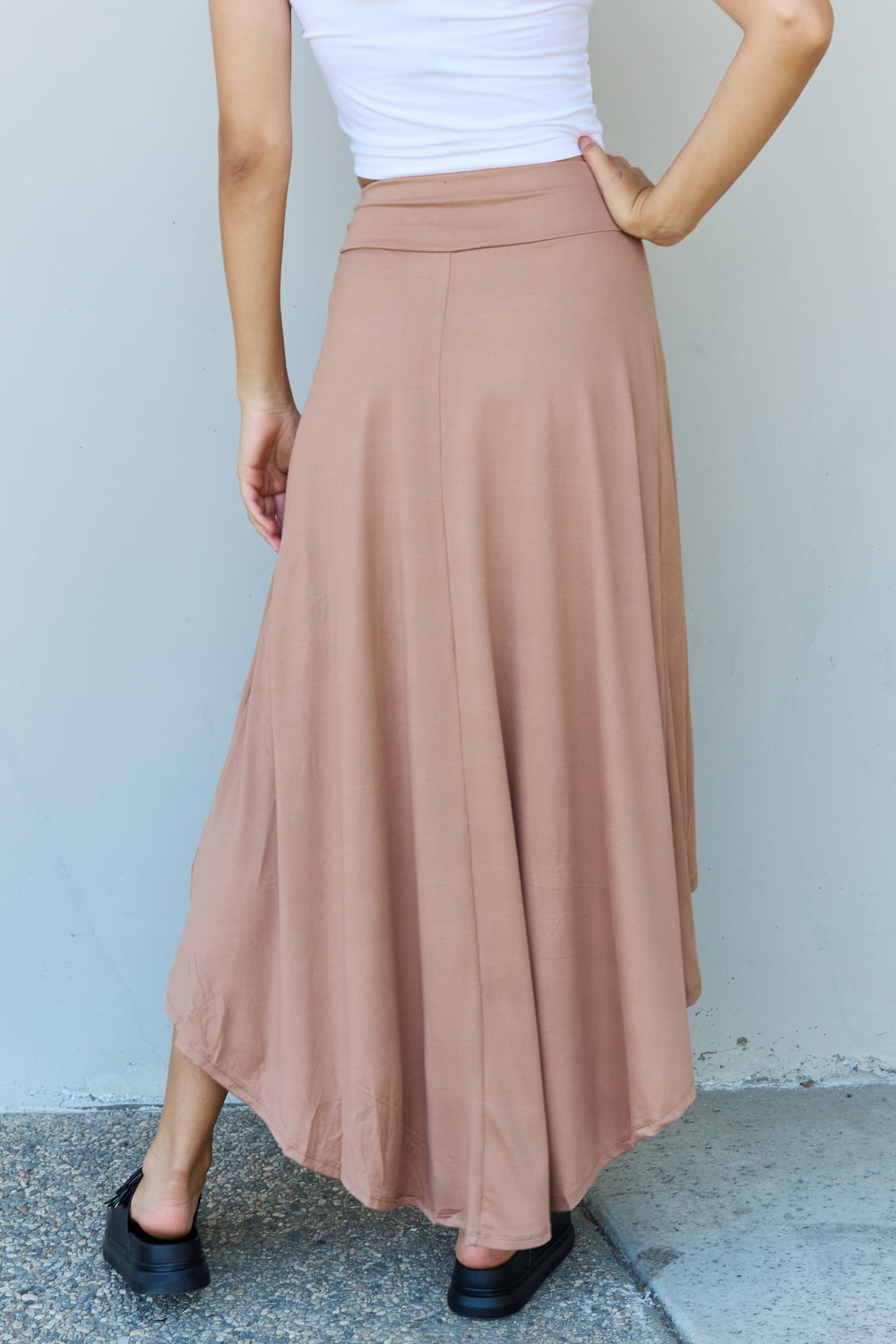 Dark Gray Ninexis First Choice High Waisted Flare Maxi Skirt in Camel Sentient Beauty Fashions Apparel & Accessories