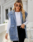 Gray Hooded Sleeveless Denim Top with Pockets