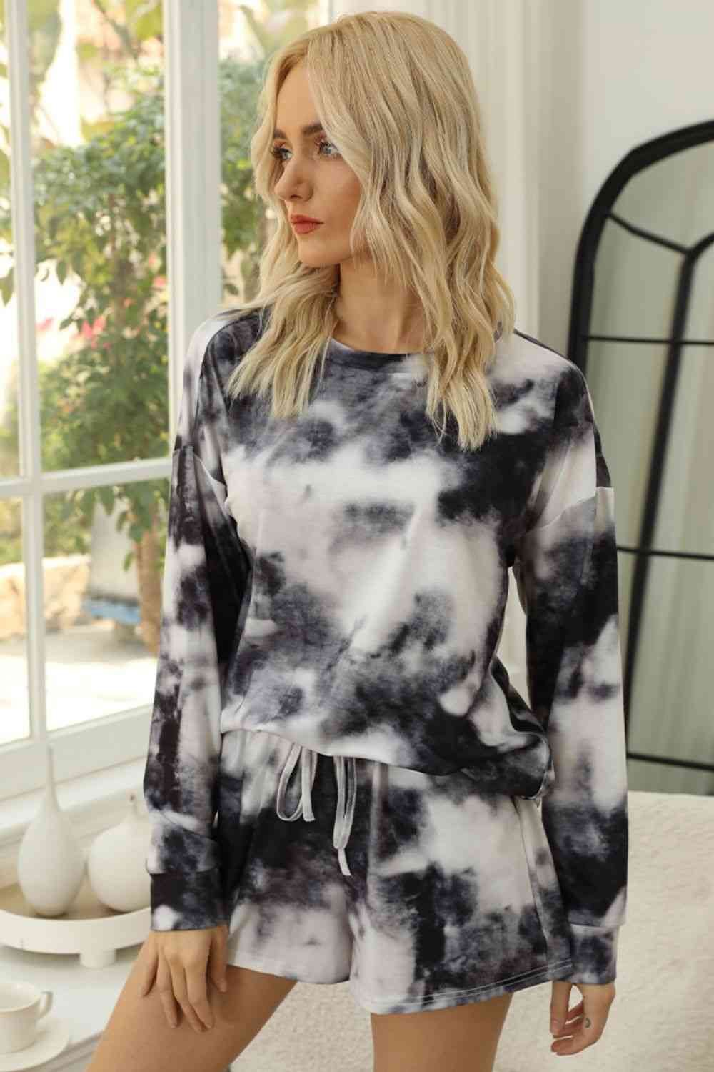 Dark Gray Tie-Dye Round Neck Top and Shorts Lounge Set Sentient Beauty Fashions Apparel & Accessories