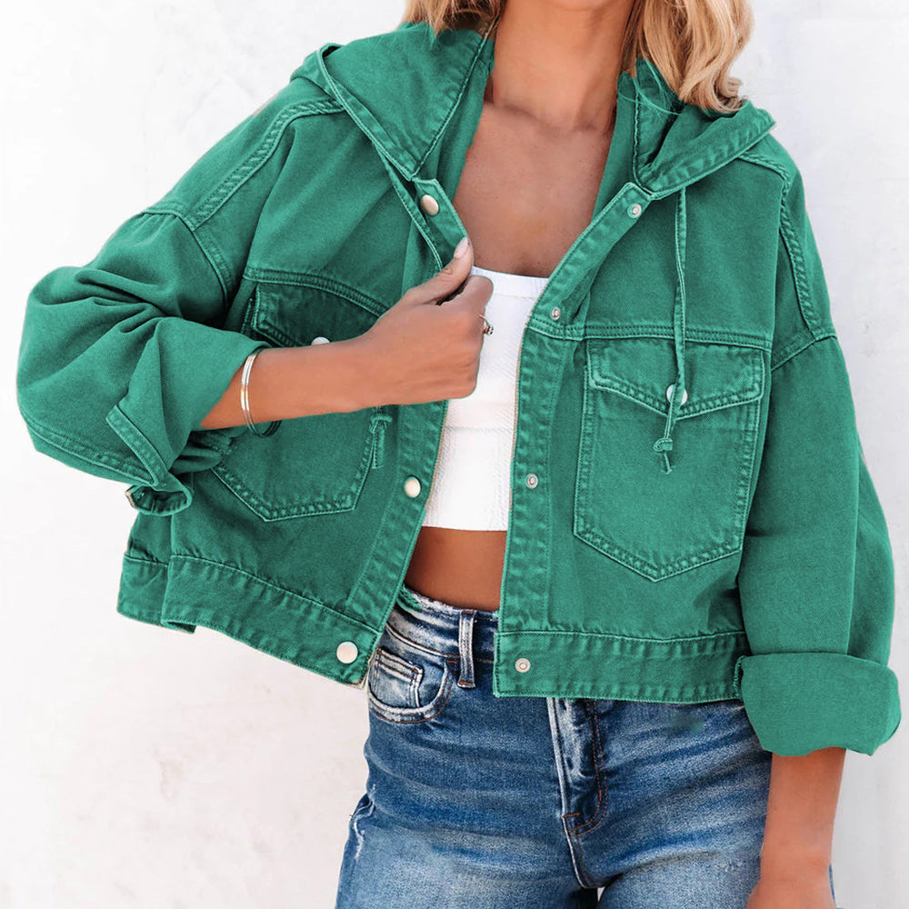 Sea Green Hooded Dropped Shoulder Denim Jacket Sentient Beauty Fashions Apparel & Accessories