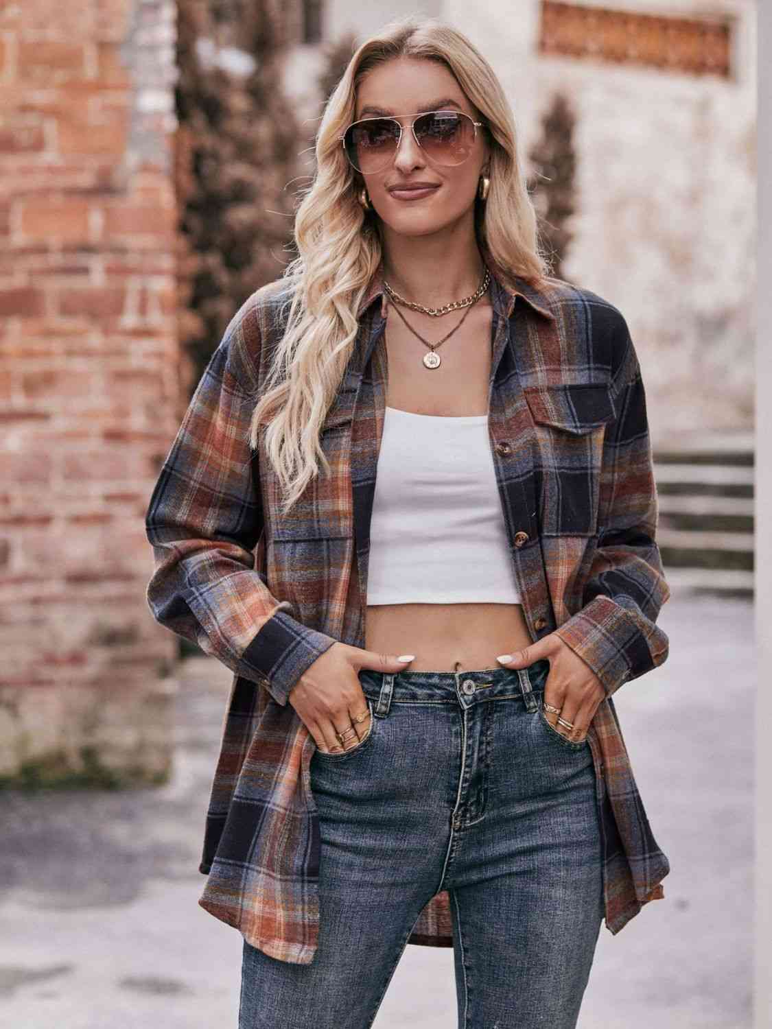 Rosy Brown Plaid Dropped Shoulder Longline Shirt Sentient Beauty Fashions Apparel &amp; Accessories