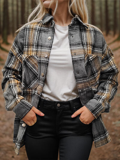 Dark Slate Gray Plaid Snap Down Long Sleeve Shacket Sentient Beauty Fashions Apparel &amp; Accessories