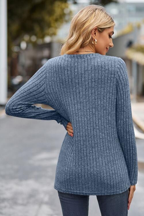 Slate Gray Ribbed Half Button Long Sleeve Knit Top