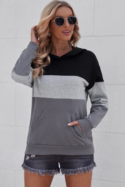 Gray Color Block Dropped Shoulder Hoodie Sentient Beauty Fashions Apparel & Accessories
