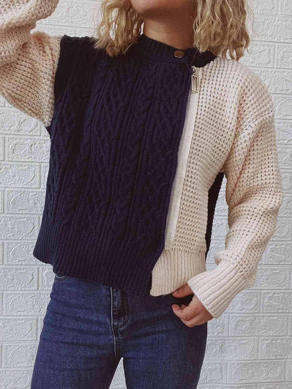 Cable-Knit Contrast Zip-Up Cardigan