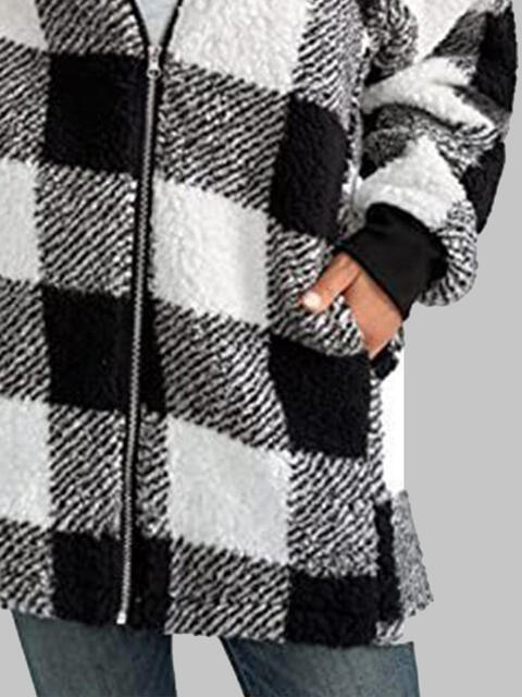 Light Gray Plaid Zip-Up Hooded Jacket with Pockets Sentient Beauty Fashions Apparel &amp; Accessories