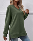 Light Gray V-Neck Slit Long Sleeve Sweatshirt Sentient Beauty Fashions Apparel & Accessories