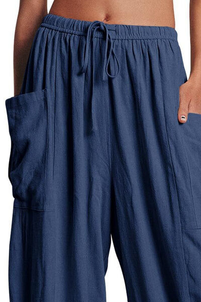 Dark Slate Gray Full Size Pocketed Drawstring Wide Leg Pants Sentient Beauty Fashions Apparel &amp; Accessories