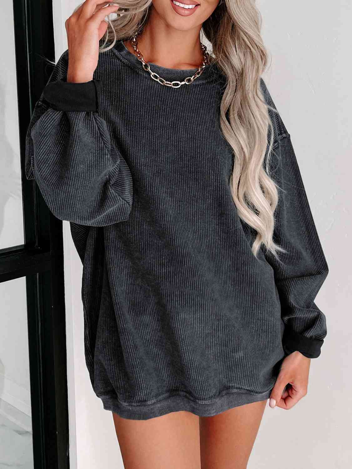 Gray Round Neck Dropped Shoulder Sweatshirt