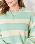 Light Gray Sew In Love Full Size Contrast Striped Round Neck Sweater