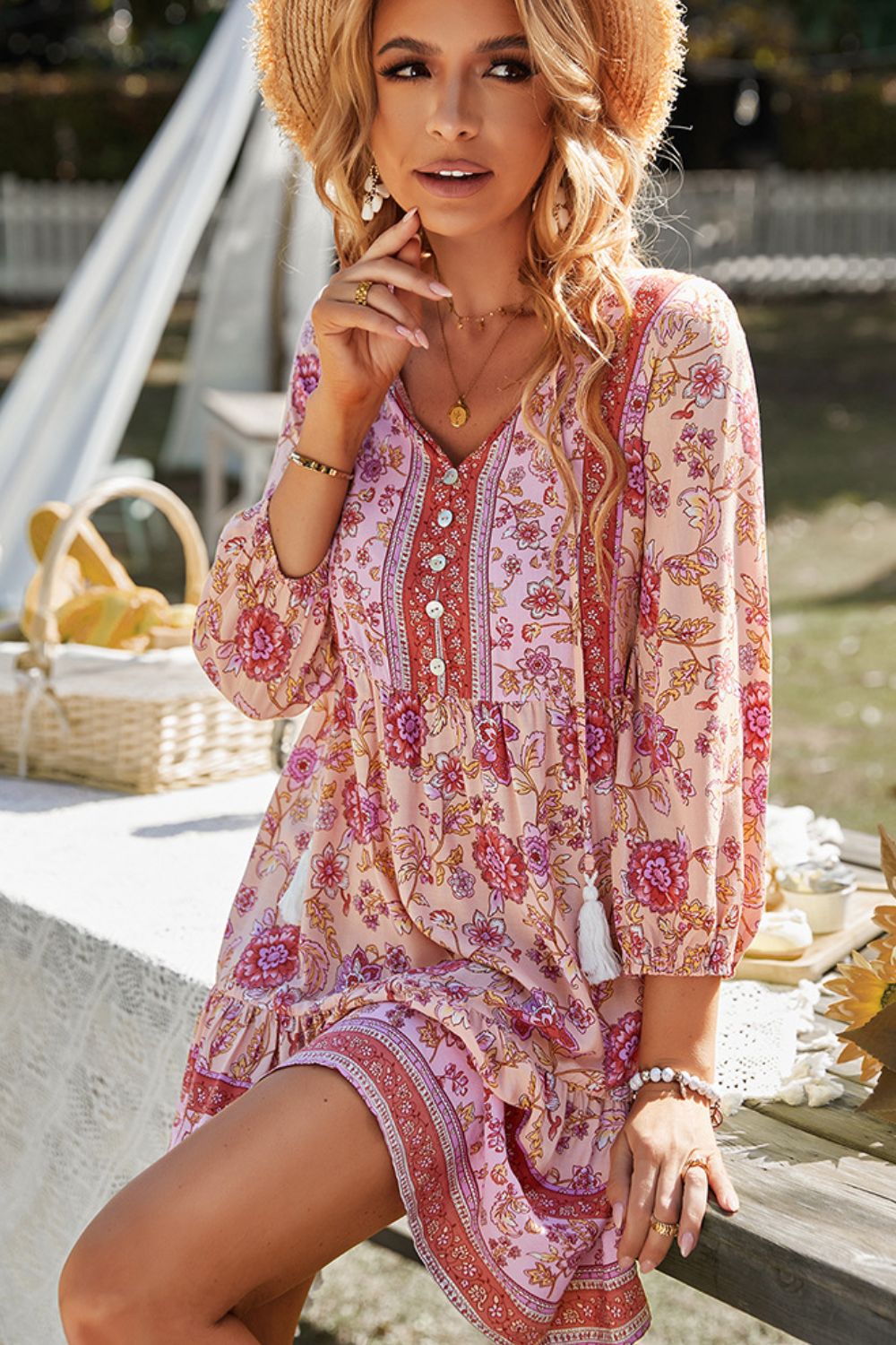 Rosy Brown Floral Tied Balloon Sleeve Mini Dress