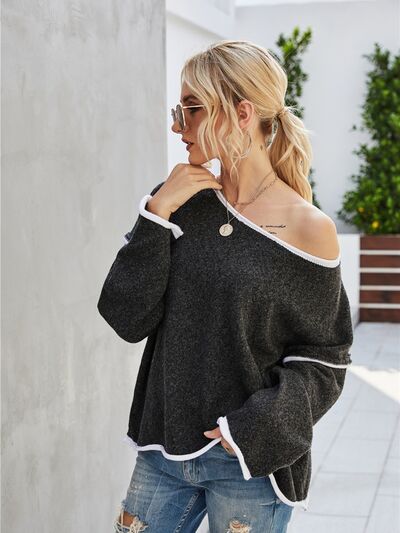 Gray Boat Neck Dropped Shoulder Sweater Sentient Beauty Fashions Apparel & Accessories