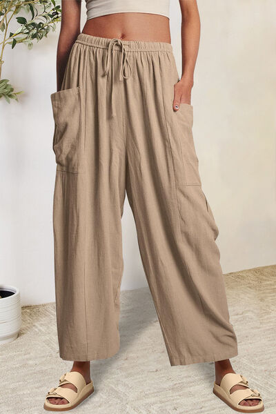 Gray Full Size Pocketed Drawstring Wide Leg Pants Sentient Beauty Fashions Apparel & Accessories