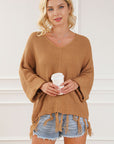 Light Gray Fringe V-Neck Long Sleeve Sweater Sentient Beauty Fashions Apparel & Accessories