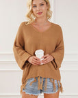 Light Gray Fringe V-Neck Long Sleeve Sweater Sentient Beauty Fashions Apparel & Accessories