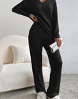 Gray Ribbed V-Neck Top and Pants Set Sentient Beauty Fashions Apparel & Accessories