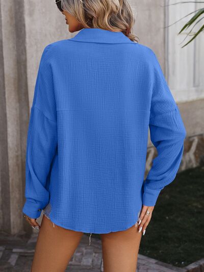 Steel Blue Textured Pocketed Button Up Dropped Shoulder Shirt Sentient Beauty Fashions Apparel & Accessories