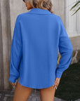 Steel Blue Textured Pocketed Button Up Dropped Shoulder Shirt Sentient Beauty Fashions Apparel & Accessories