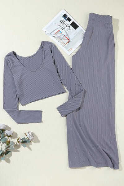 Light Gray Ribbed Round Neck Top and Wide-Leg Pants Set Sentient Beauty Fashions Apparel &amp; Accessories