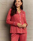 Rosy Brown Ninexis Buttoned Collared Neck Top and Pants Pajama Set