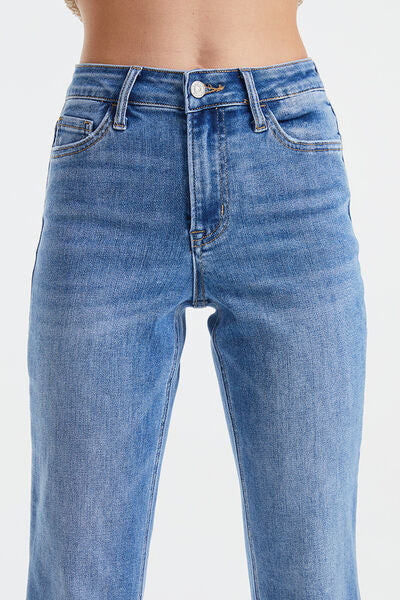 Light Slate Gray BAYEAS Full Size High Waist Raw Hem Straight Jeans Sentient Beauty Fashions Apparel & Accessories