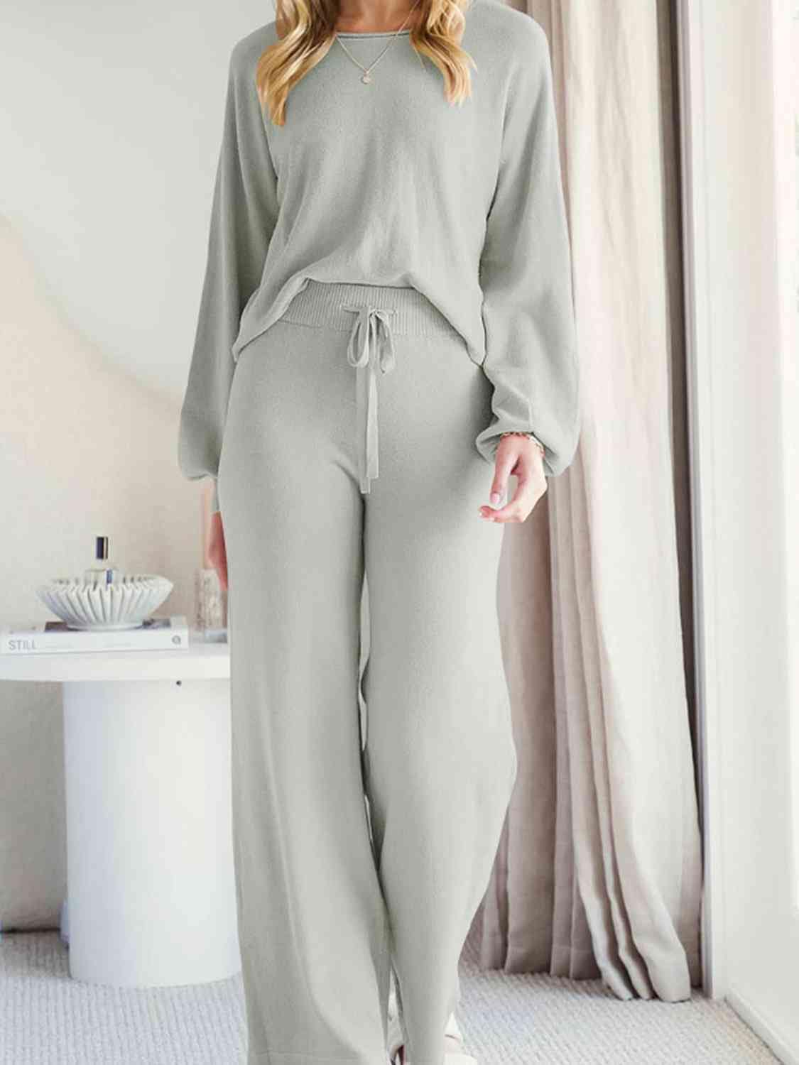 Light Gray Long Sleeve Lounge Top and Drawstring Pants Set Sentient Beauty Fashions Apparel &amp; Accessories