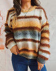 Gray Striped Round Neck Long Sleeve Sweater