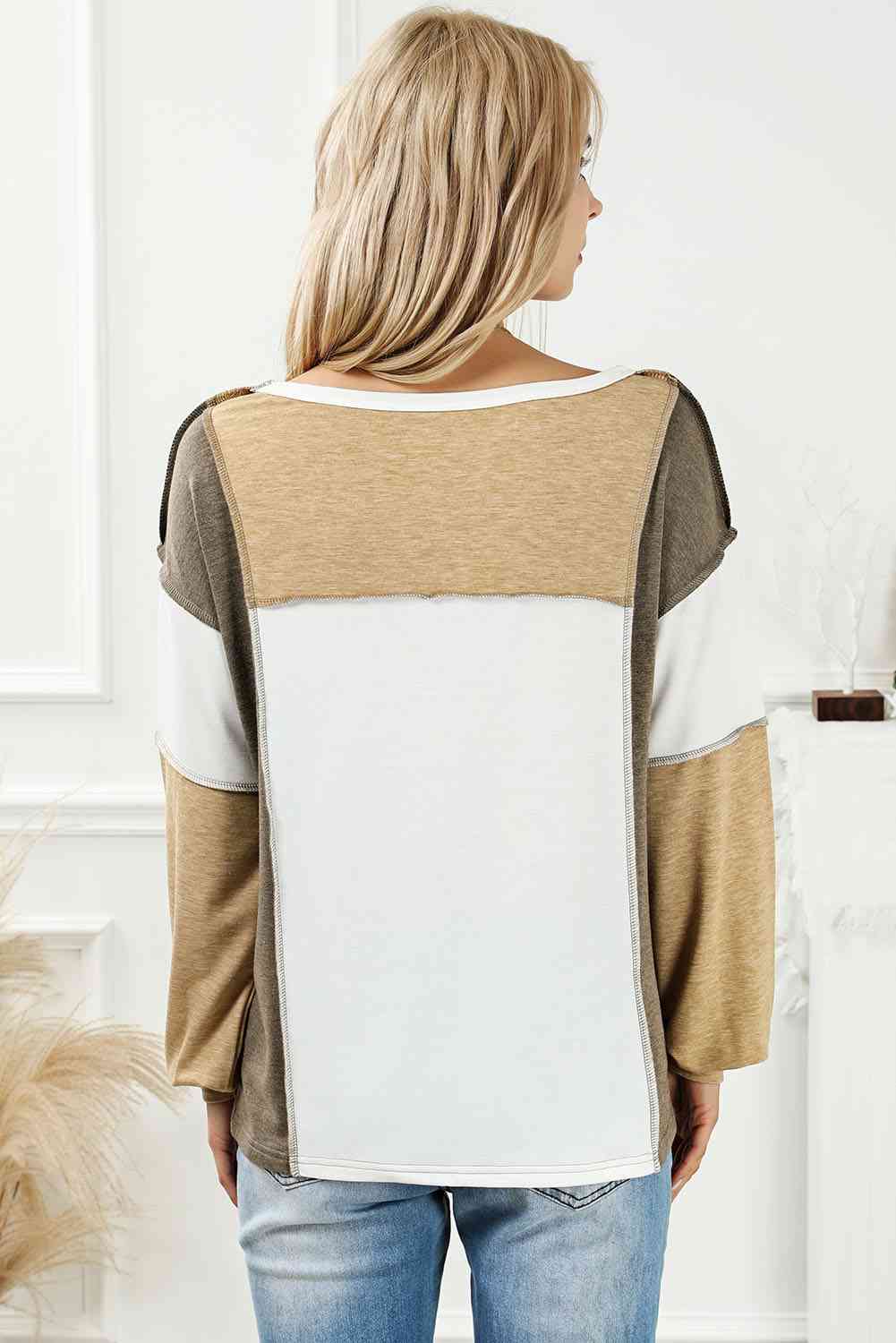 Light Gray Color Block Exposed Seam Boat Neck Top