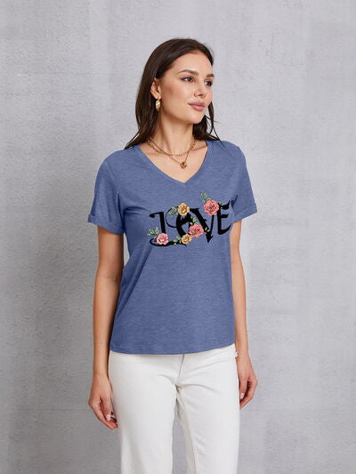 Gray LOVE V-Neck Short Sleeve T-Shirt Sentient Beauty Fashions Apparel &amp; Accessories