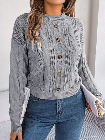 Dark Gray Cable-Knit Buttoned Round Neck Sweater Sentient Beauty Fashions Apparel &amp; Accessories