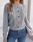 Dark Gray Cable-Knit Buttoned Round Neck Sweater Sentient Beauty Fashions Apparel & Accessories