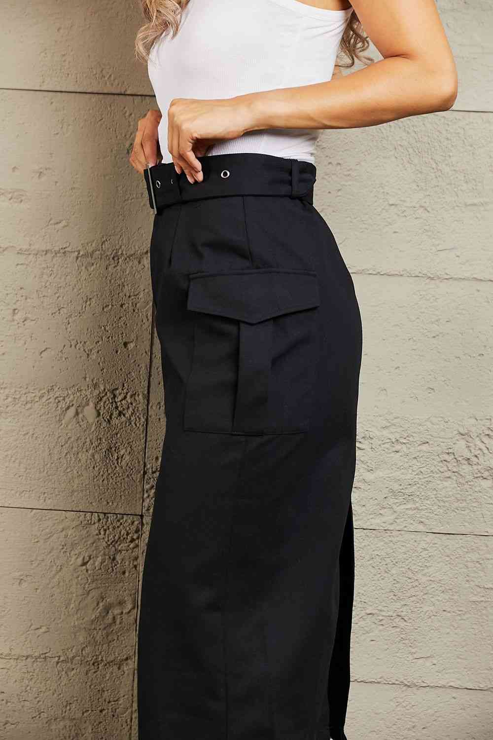 Dark Gray HYFVE Professional Poise Buckled Midi Skirt Sentient Beauty Fashions Apparel & Accessories