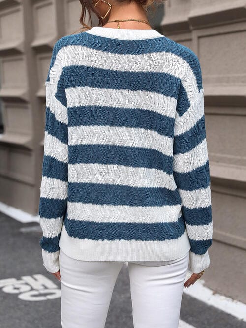 Dark Gray Striped Round Neck Dropped Shoulder Sweater