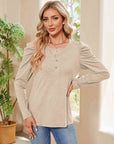 Tan Buttoned Round Neck Puff Sleeve T-Shirt