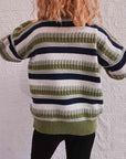 Dark Gray Striped Drop Shoulder Round Neck Sweater