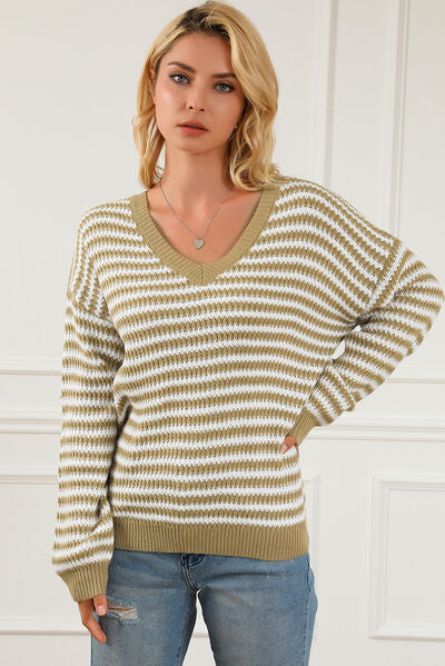 Light Gray Striped V-Neck Dropped Shoulder Sweater Sentient Beauty Fashions Apparel &amp; Accessories