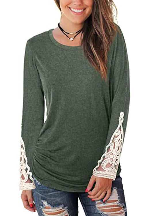 Dark Slate Gray Lace Detail Long Sleeve Round Neck T-Shirt Sentient Beauty Fashions Apparel &amp; Accessories