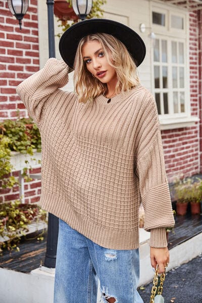 Dark Gray Ribbed Drop Shoulder Lantern Sleeve Sweater