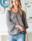 Light Gray Heimish Full Size Leopard Contrast V-Neck Half Sleeve T-Shirt